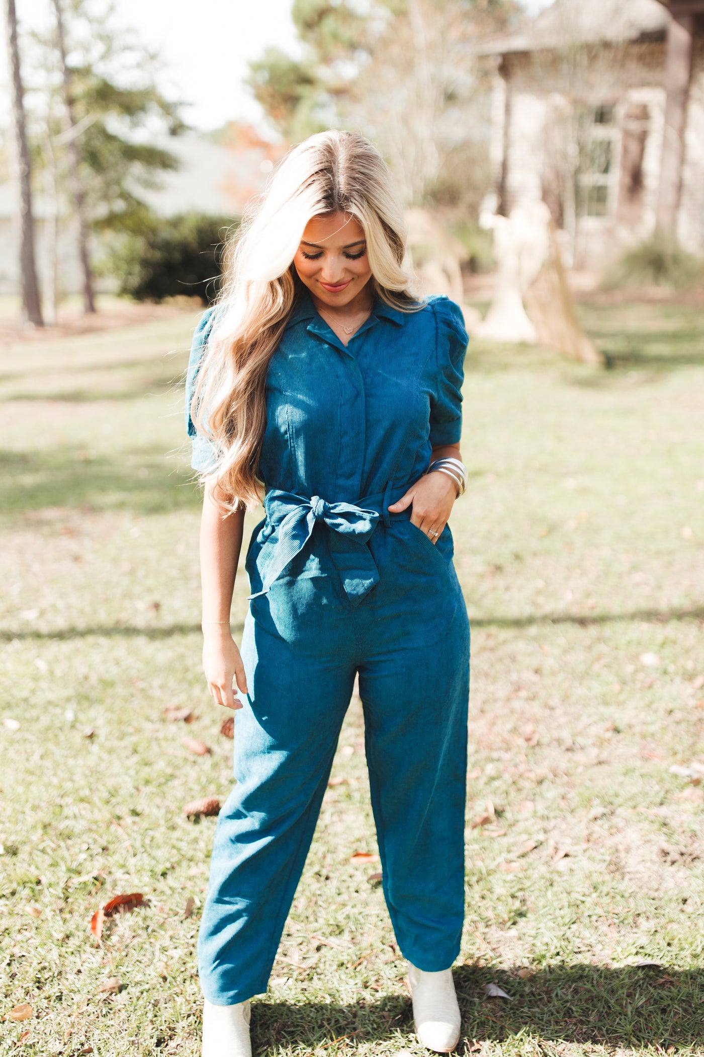 Forest Corduroy Belted Puff Sleeve Jumpsuit