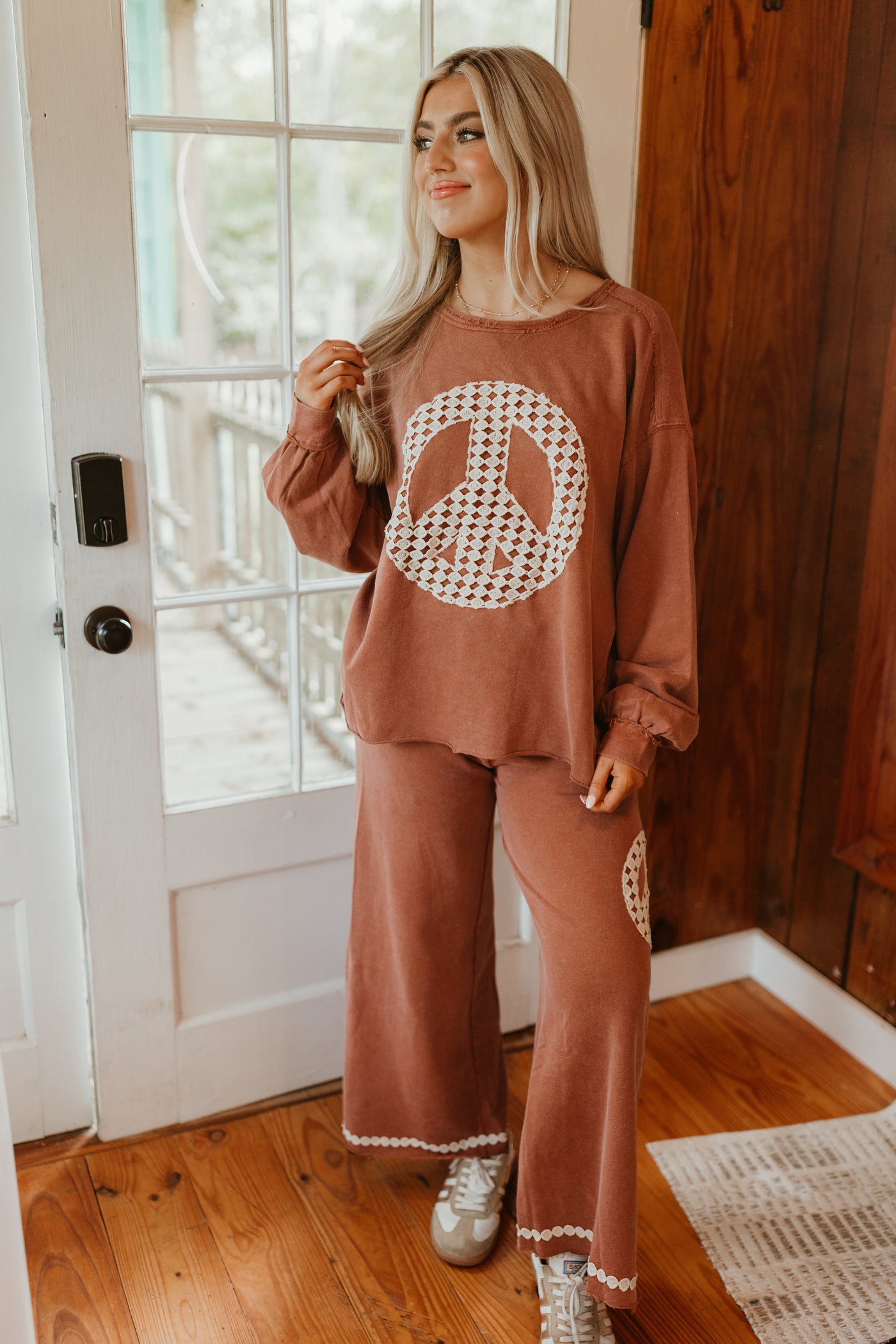 Red Brown Washed Peace Embroidered Terry Pullover and Pant Set