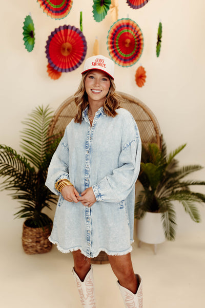 Acid Wash Light Denim Puff Sleeve Button Down Dress