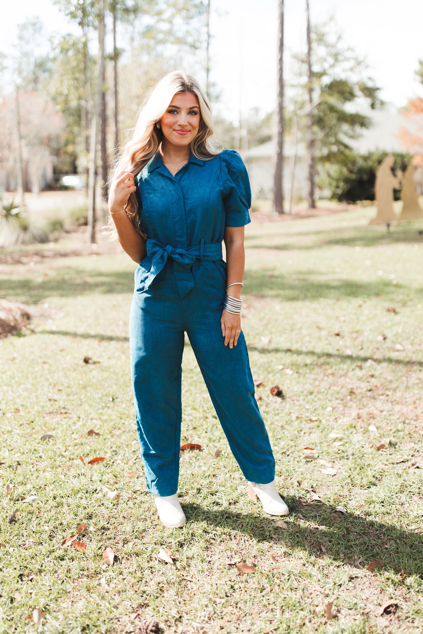 Forest Corduroy Belted Puff Sleeve Jumpsuit