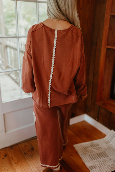 Red Brown Washed Peace Embroidered Terry Pullover and Pant Set