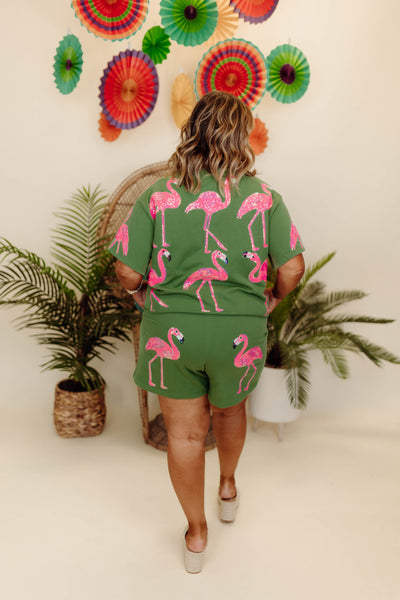 Queen Of Sparkles Green & Pink Flamingo Short Sleeve Top