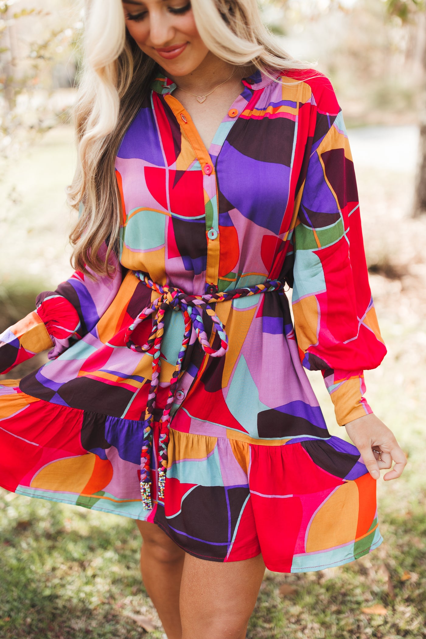 Karlie Multicolor Mosaic Tie Waist Dress
