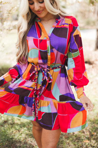 Karlie Multicolor Mosaic Tie Waist Dress