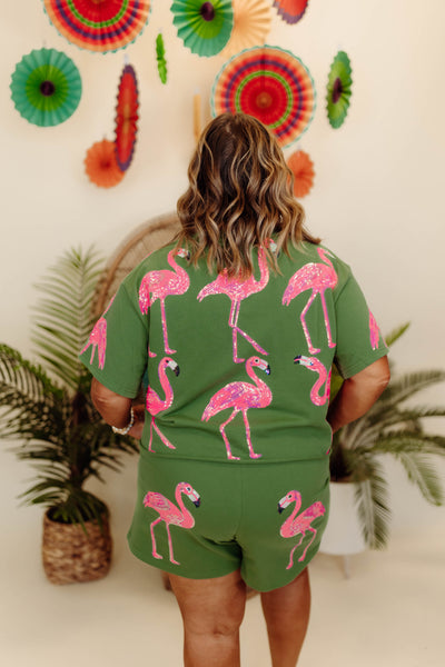 Queen Of Sparkles Green & Pink Flamingo Short Sleeve Top