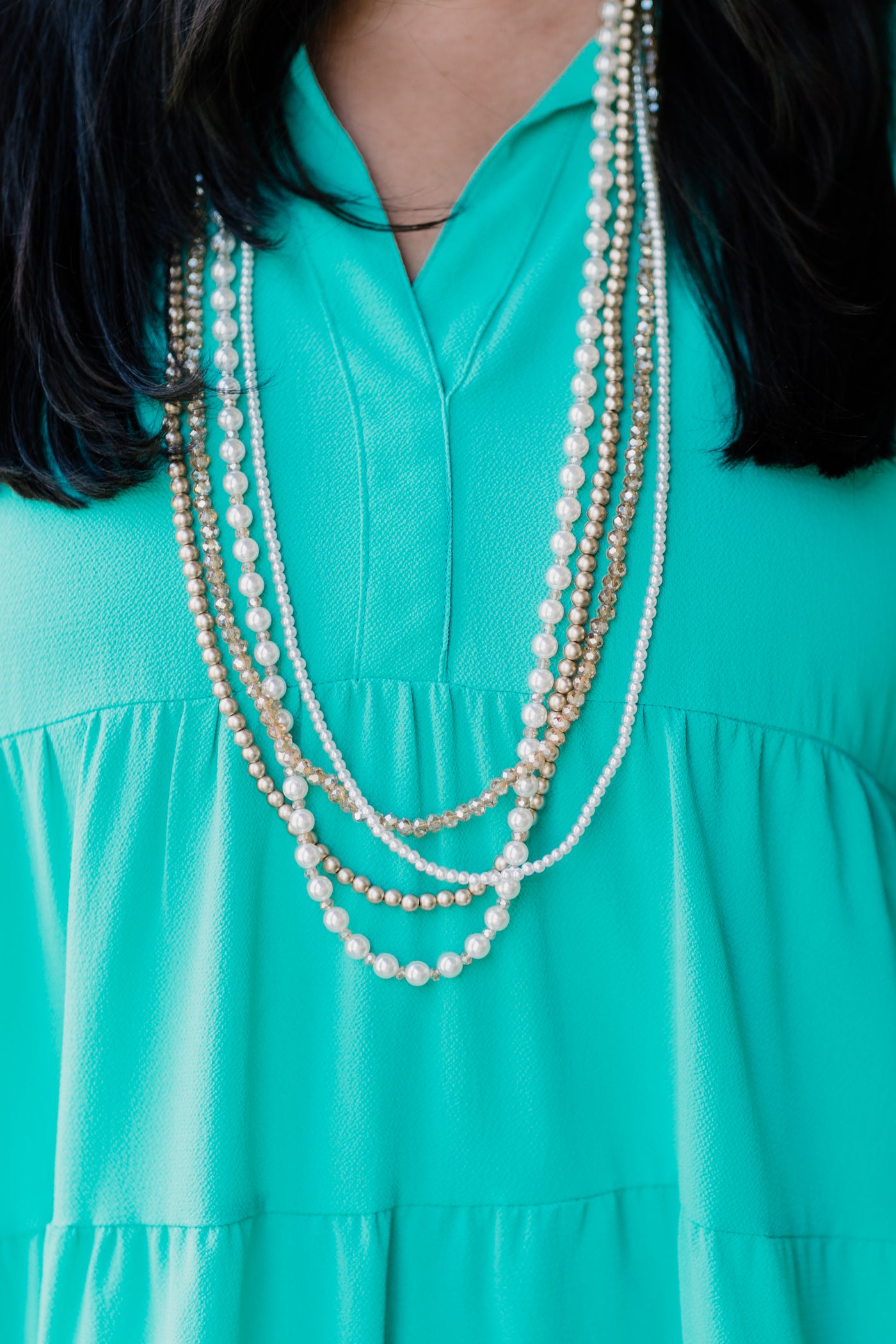 Layered Pearlescent Matte Metallic Crystalline Layering Necklace - Long
