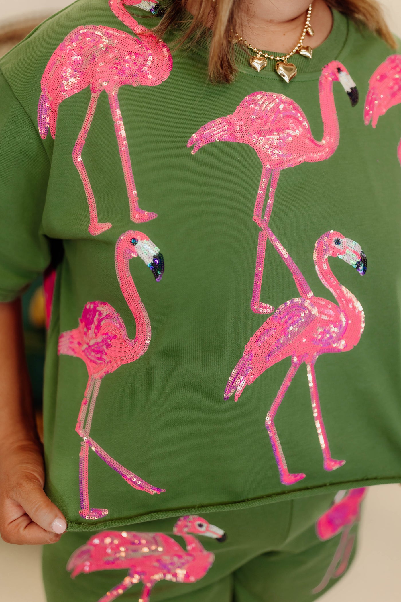 Queen Of Sparkles Green & Pink Flamingo Short Sleeve Top