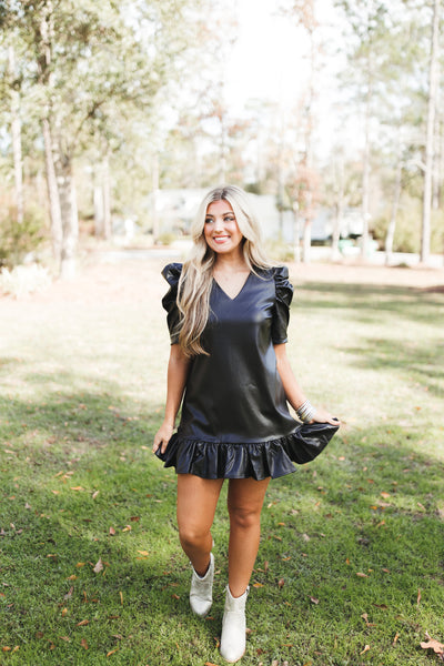 Black V-Neck Puff Sleeve Leather Mini Dress