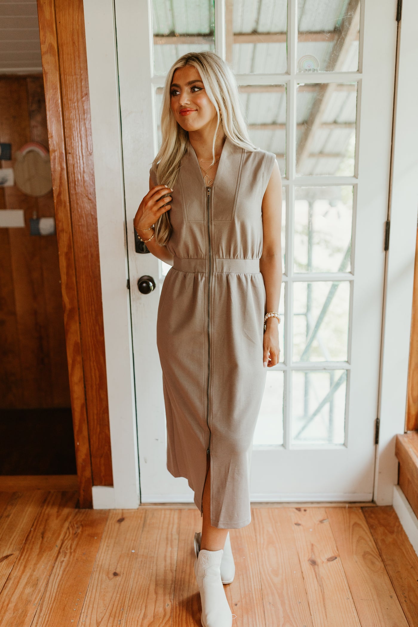 Mocha Sleeveless Zip Up Midi Dress