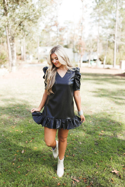 Black V-Neck Puff Sleeve Leather Mini Dress