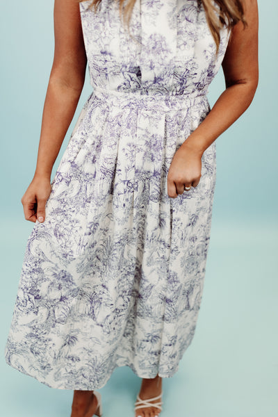 Blue and Grey Toile Pleated Detail Midi Dress