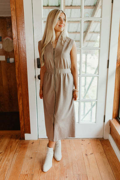 Mocha Sleeveless Zip Up Midi Dress