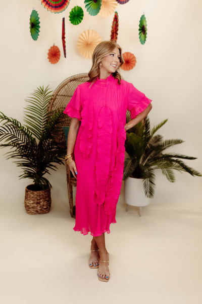 Beulah Fuchsia Mock Neck Puff Sleeve Plisse Dress