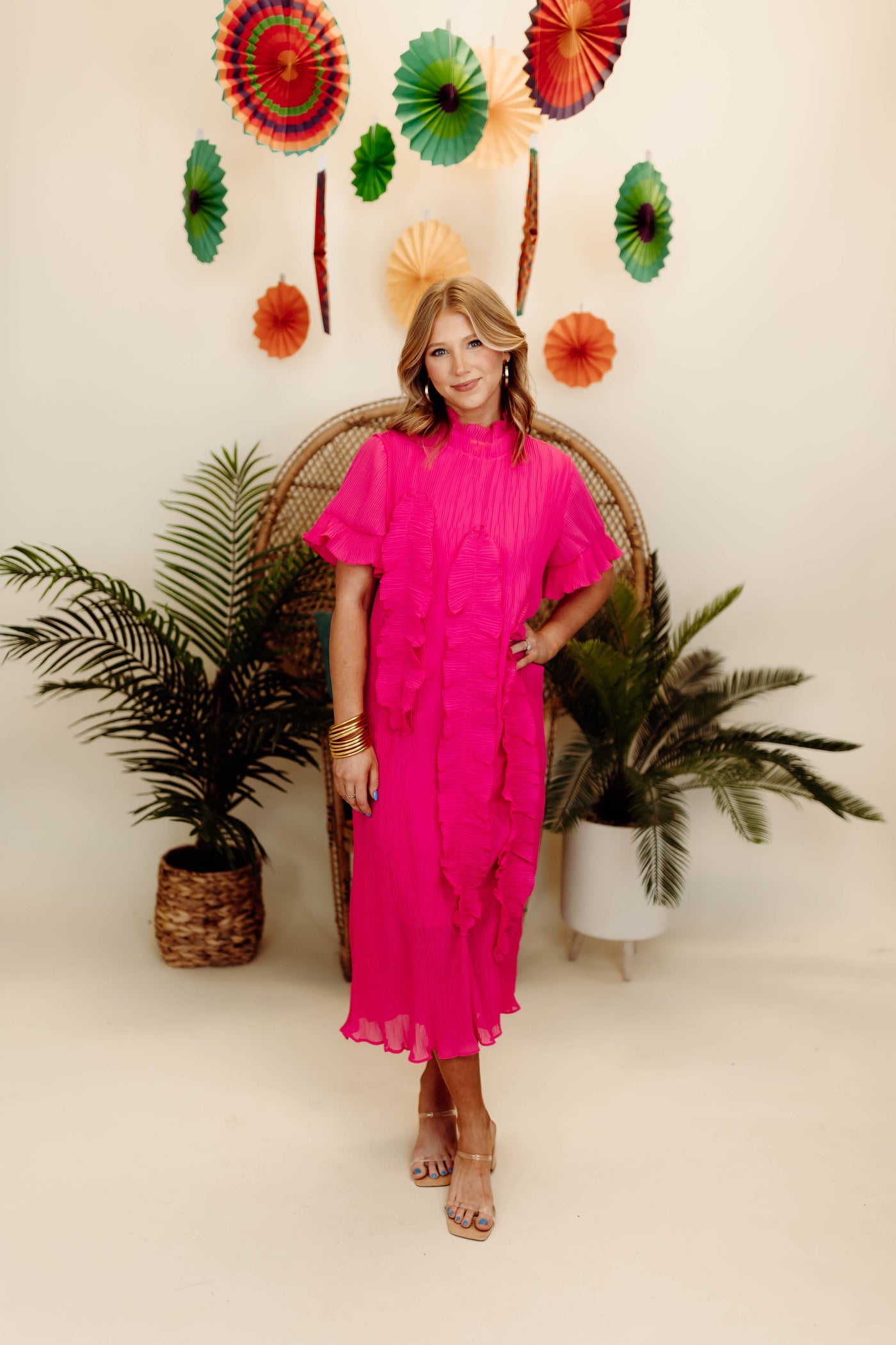 Beulah Fuchsia Mock Neck Puff Sleeve Plisse Dress