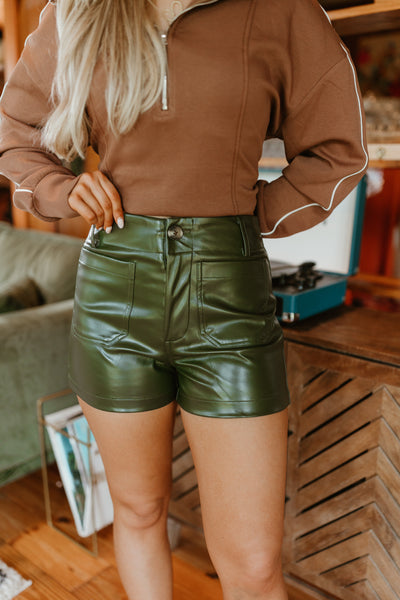 Olive Faux Leather Front Pocket Shorts