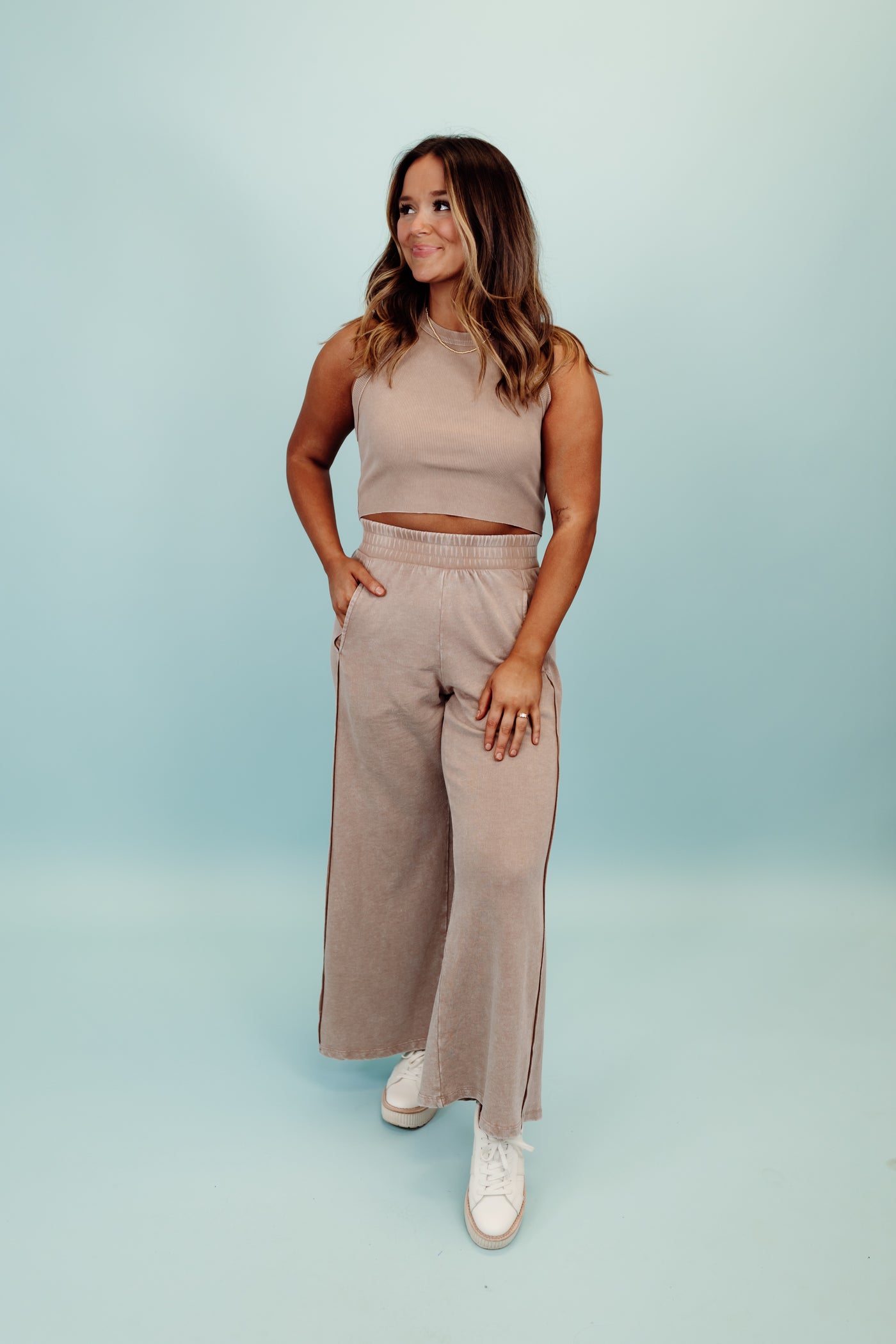 Taupe Halter Neck Crop Top and Wide Leg Pant Set