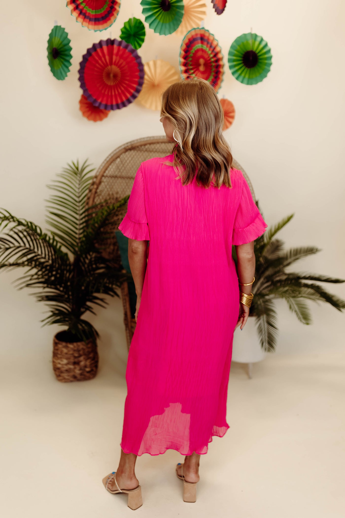 Beulah Fuchsia Mock Neck Puff Sleeve Plisse Dress