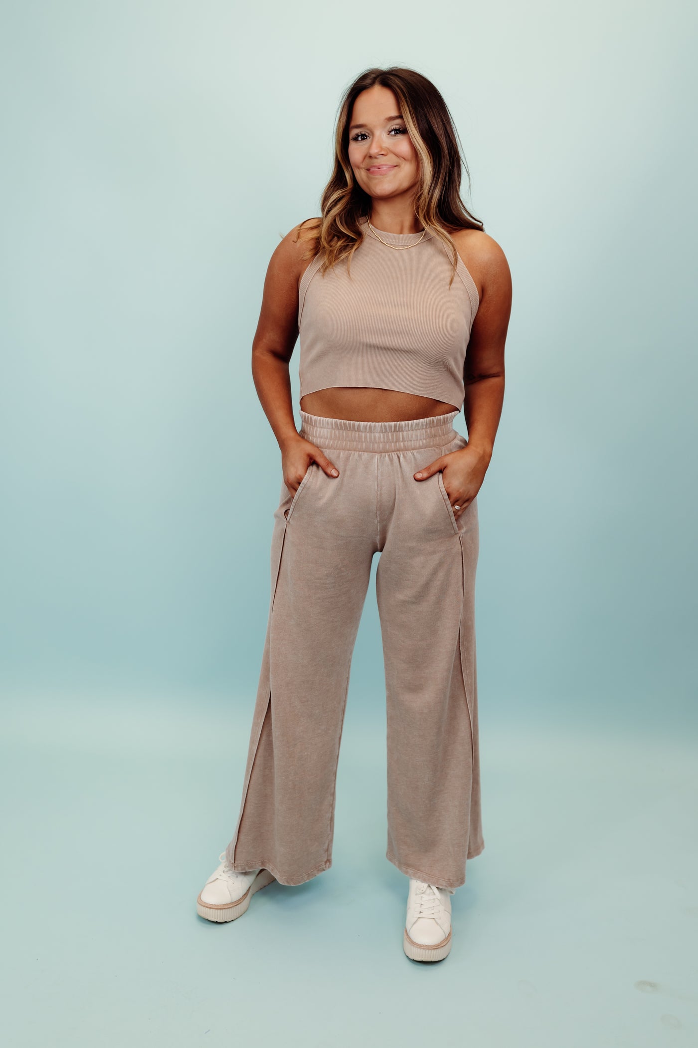 Taupe Halter Neck Crop Top and Wide Leg Pant Set