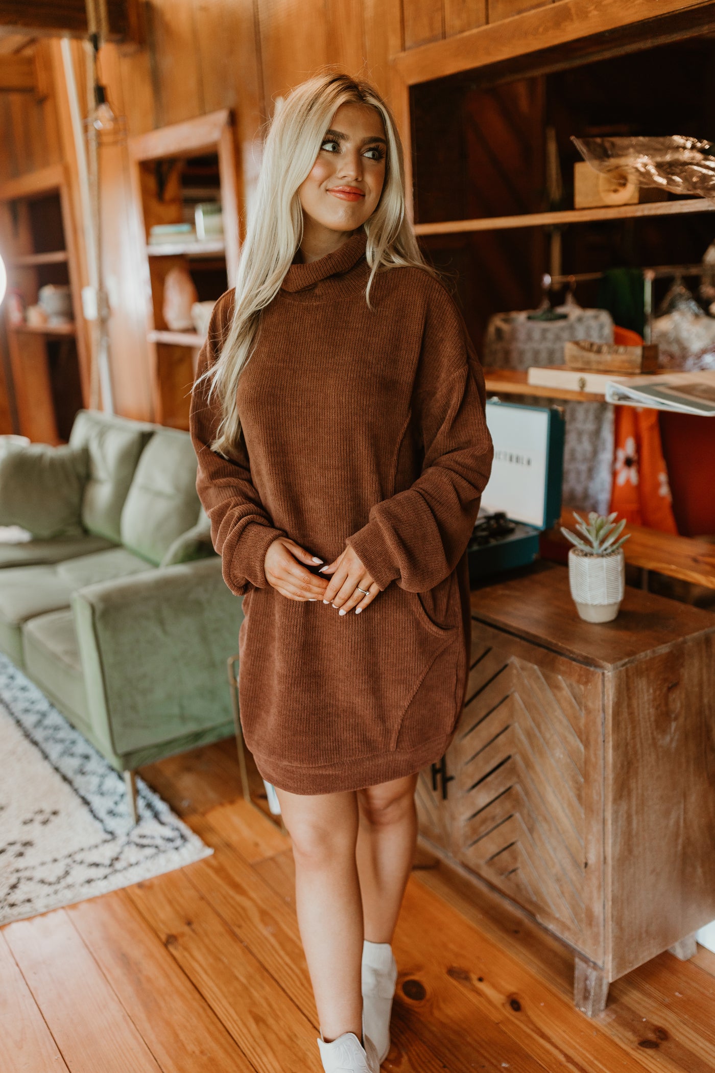 Chestnut Turtleneck Sweater Mini Dress