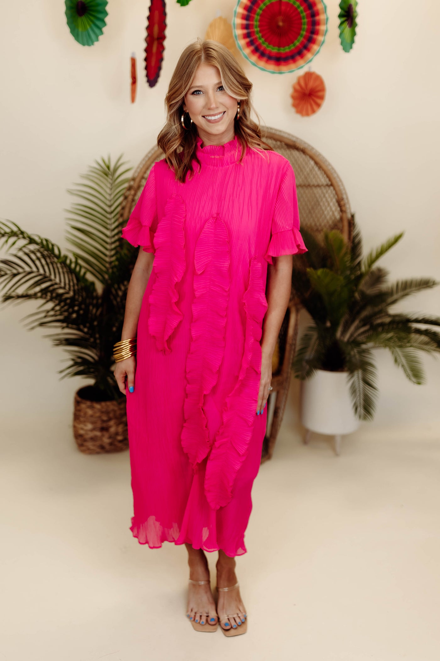 Beulah Fuchsia Mock Neck Puff Sleeve Plisse Dress