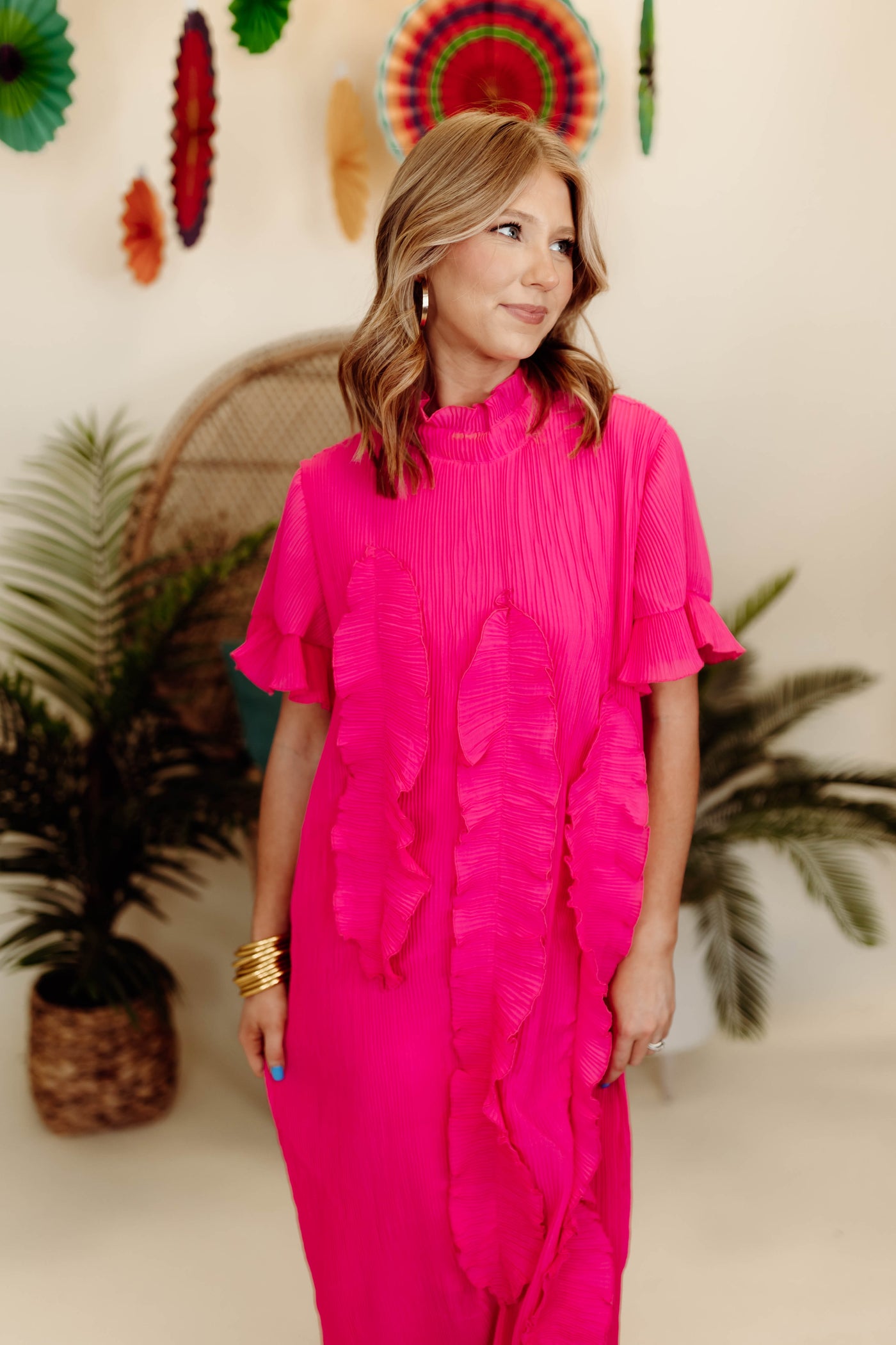 Beulah Fuchsia Mock Neck Puff Sleeve Plisse Dress