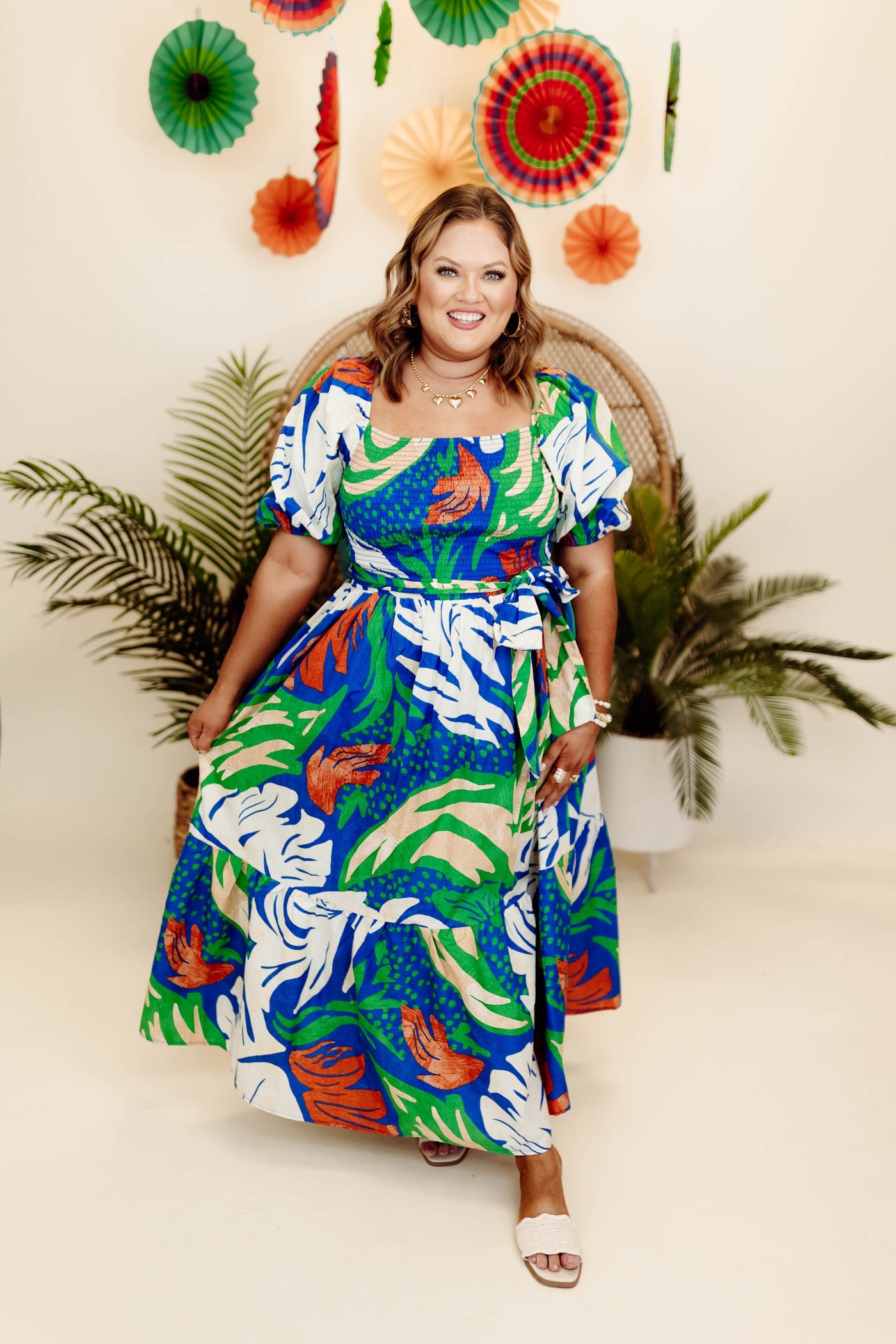 Royal Multi Print Puff Sleeve Tiered Midi Dress