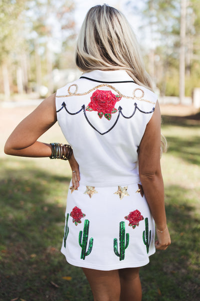 Queen Of Sparkles White Cowgirl Icon Sleeveless Collar Top