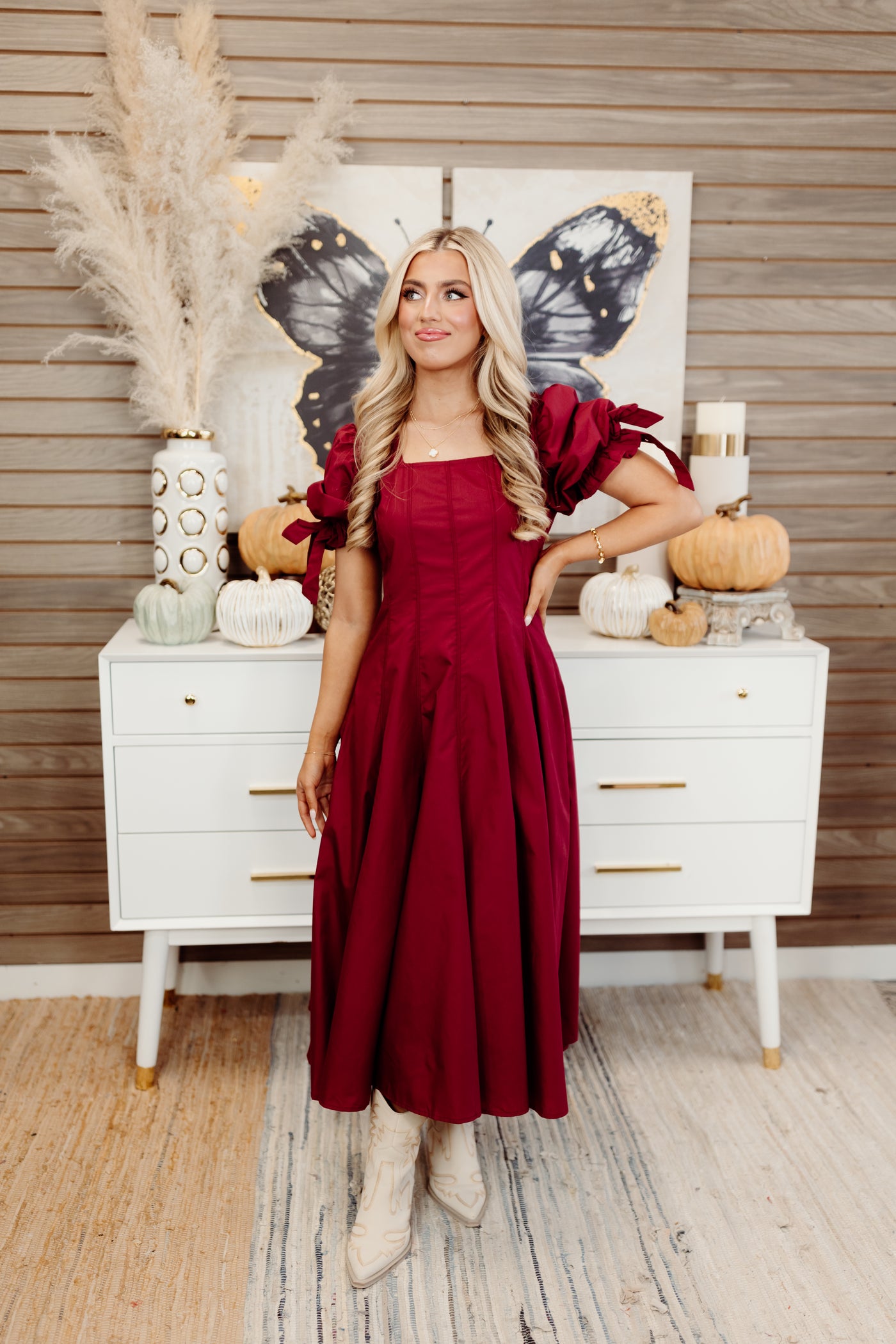 Garnet Square Neck Puff Sleeve Midi Dress