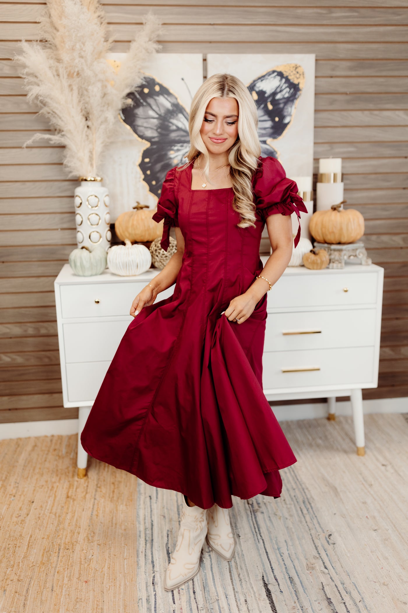 Garnet Square Neck Puff Sleeve Midi Dress