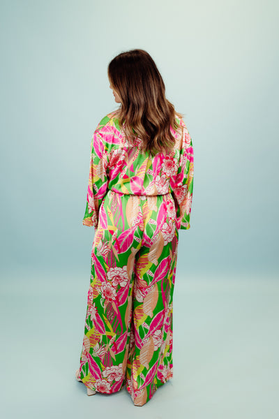 Green Floral Collared Button Down Long Sleeve Jumpsuit