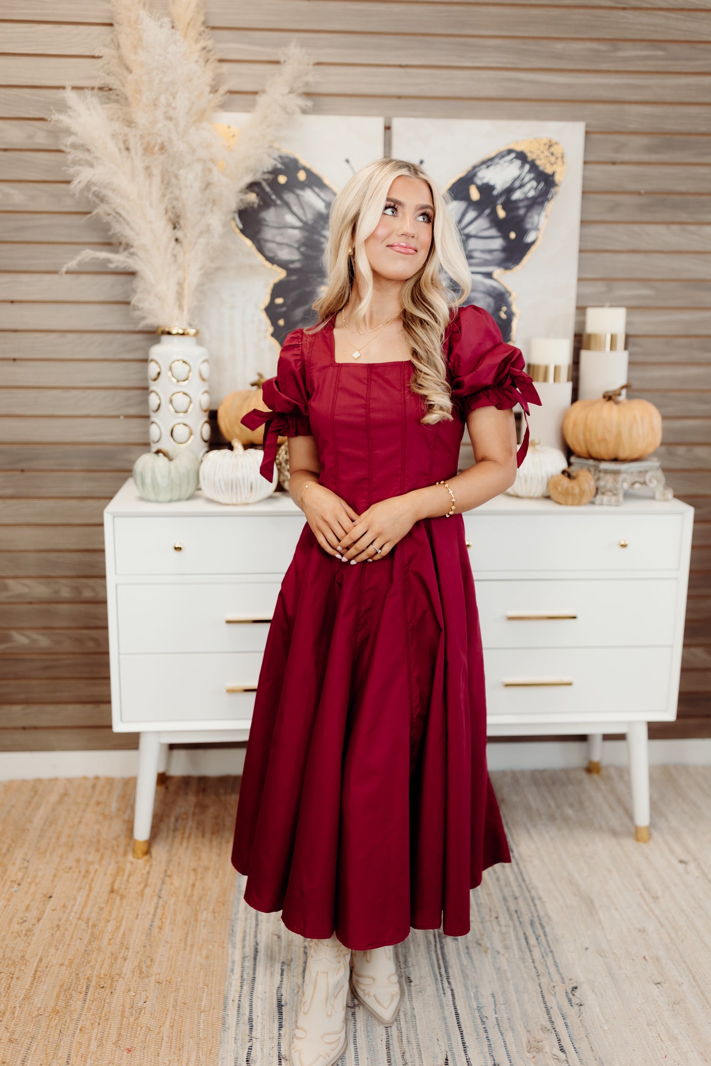 Garnet Square Neck Puff Sleeve Midi Dress