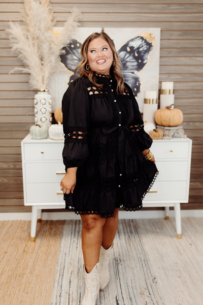 Black Lace Detail Pearl Button Down Dress