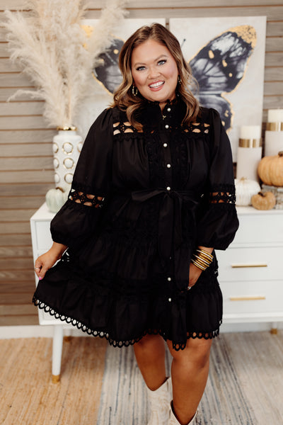 Black Lace Detail Pearl Button Down Dress