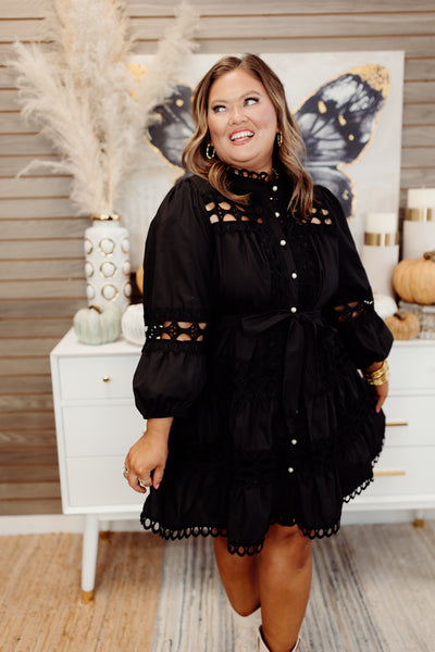 Black Lace Detail Pearl Button Down Dress