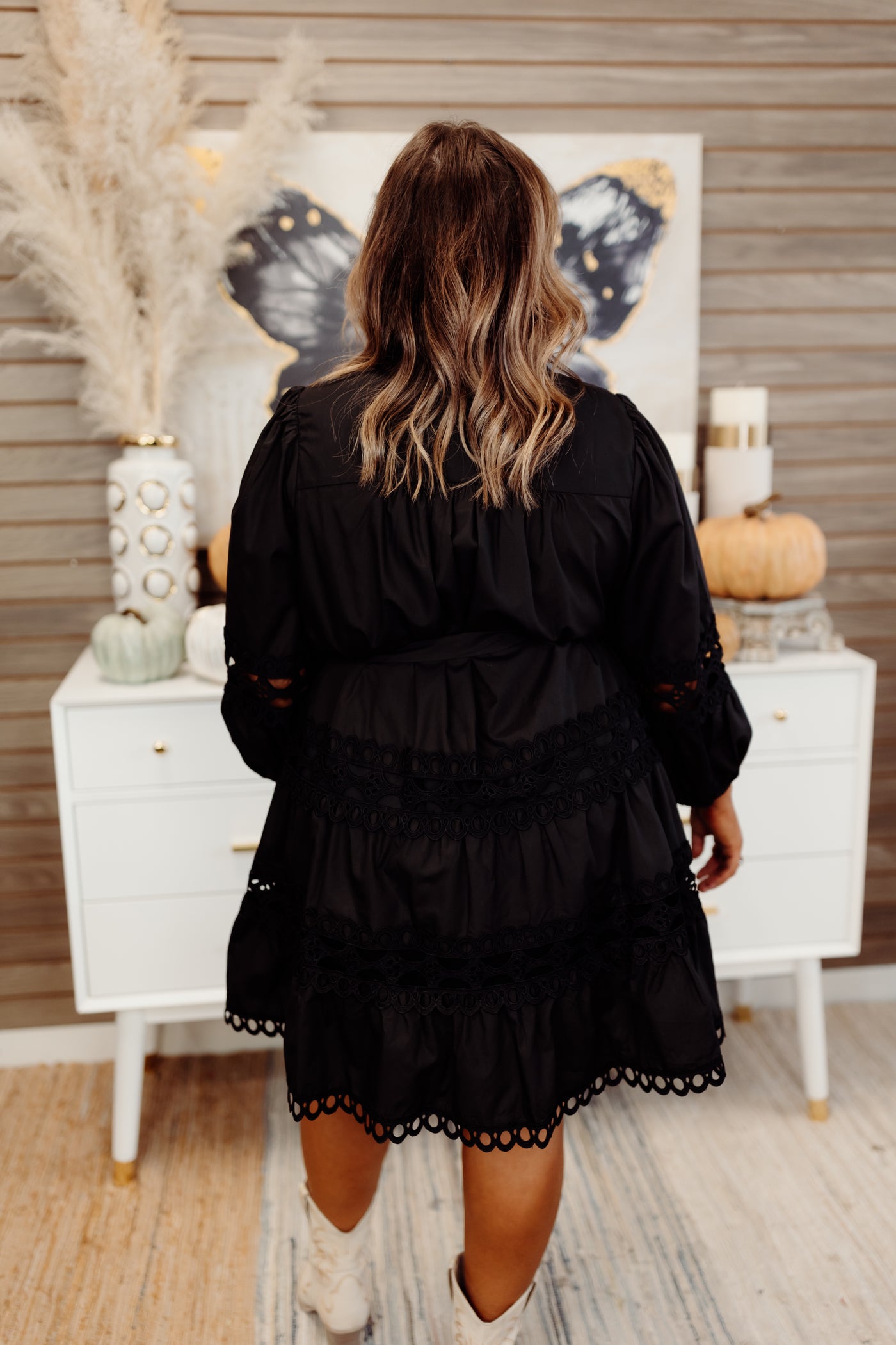 Black Lace Detail Pearl Button Down Dress