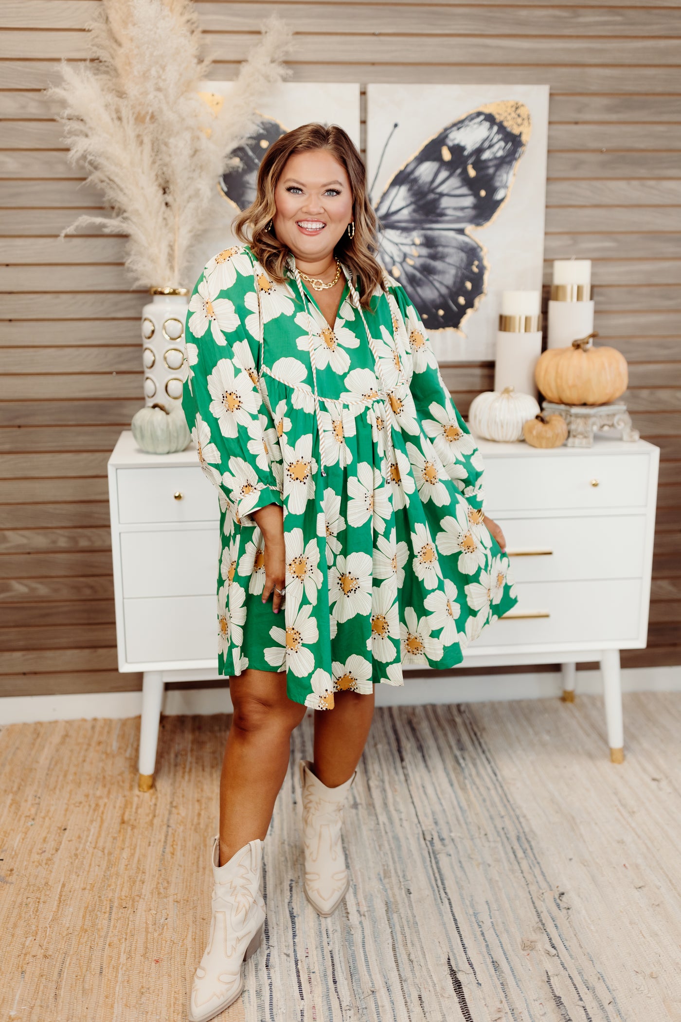 Green Floral 3/4 Sleeve V-Neck Ruffle Mini Dress