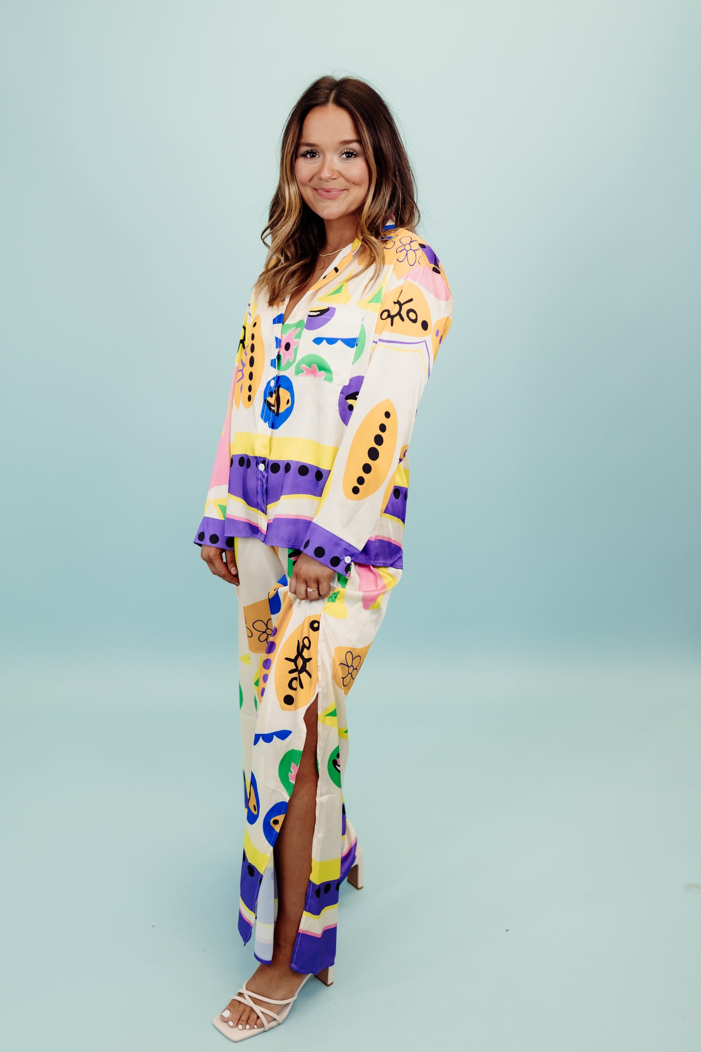 Beulah Tropical Mix Abstract Button Down and Pant Set