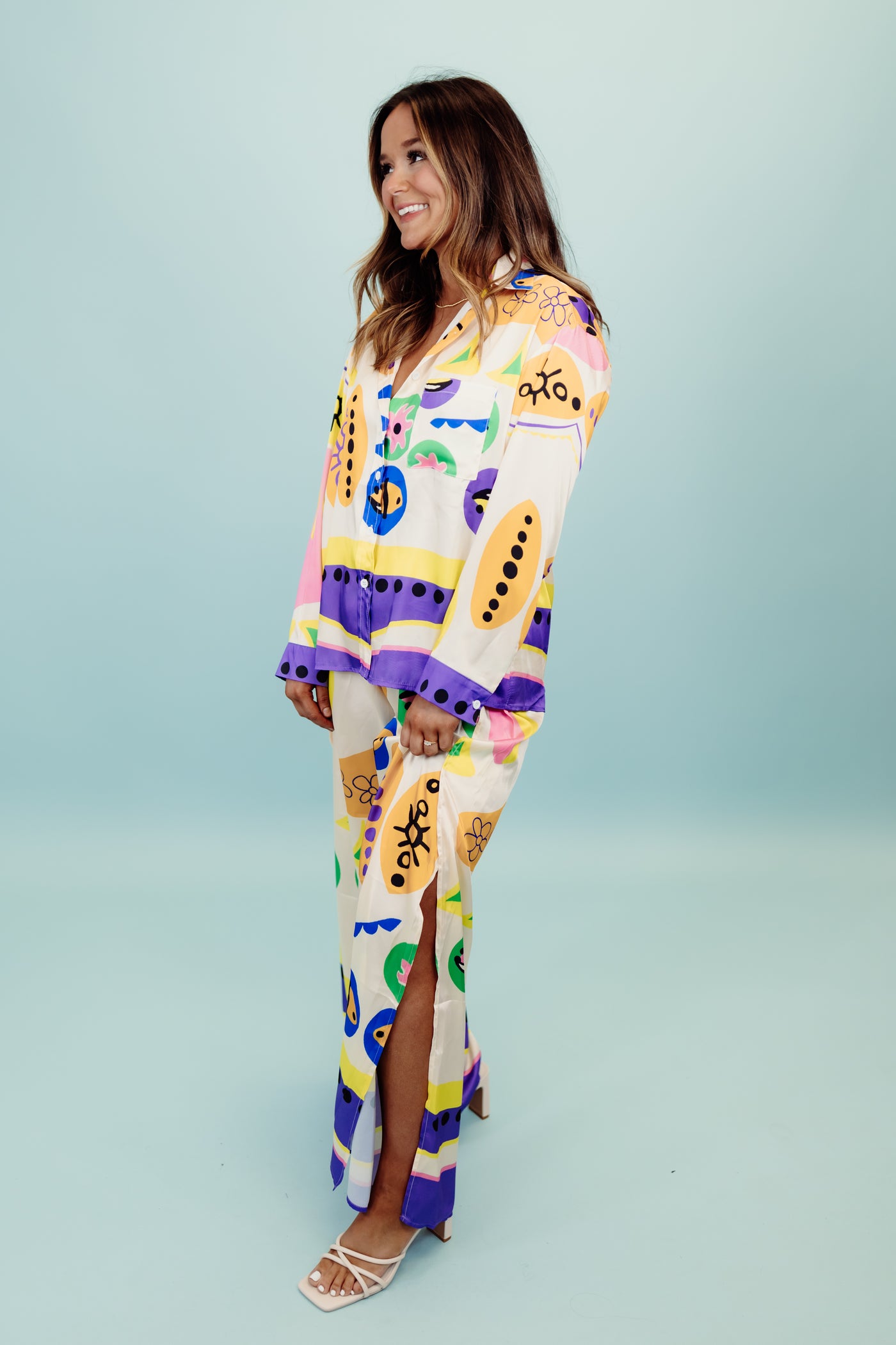Beulah Tropical Mix Abstract Button Down and Pant Set