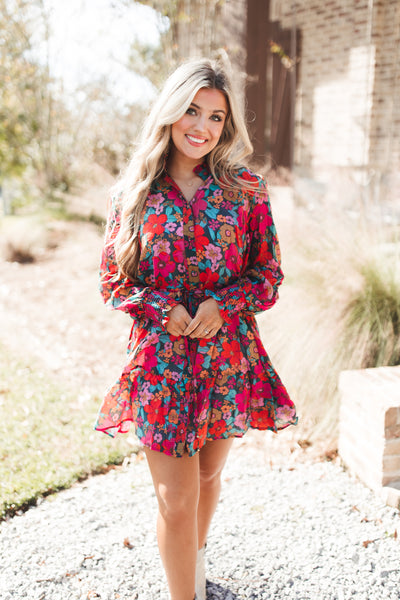 Teal and Fuchsia Multi Floral Button Tie Waist Dress