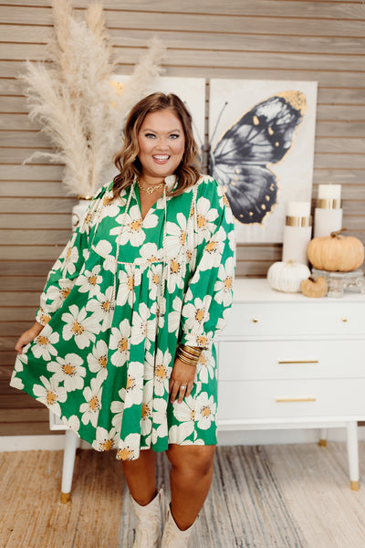 Green Floral 3/4 Sleeve V-Neck Ruffle Mini Dress