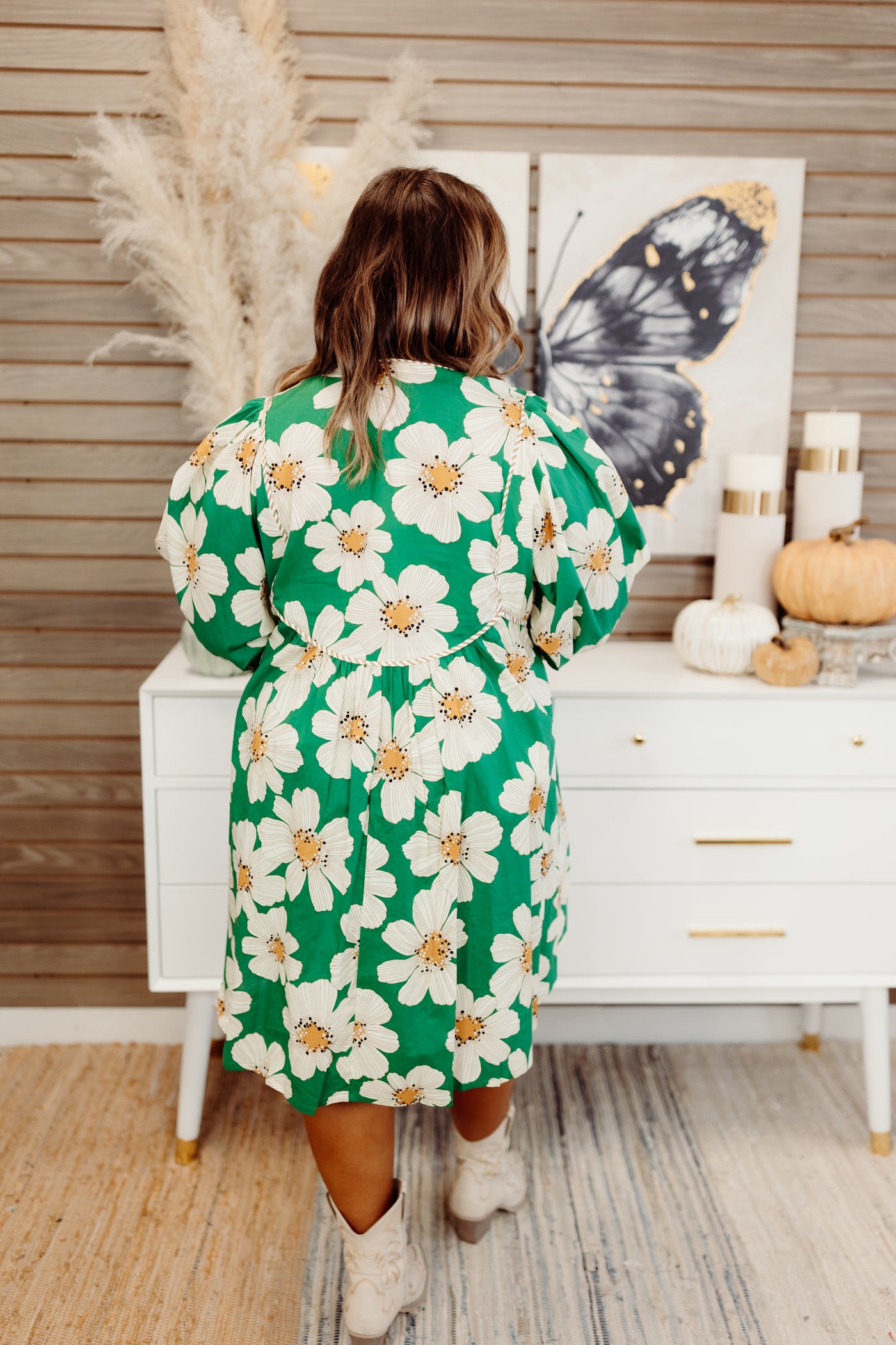 Green Floral 3/4 Sleeve V-Neck Ruffle Mini Dress