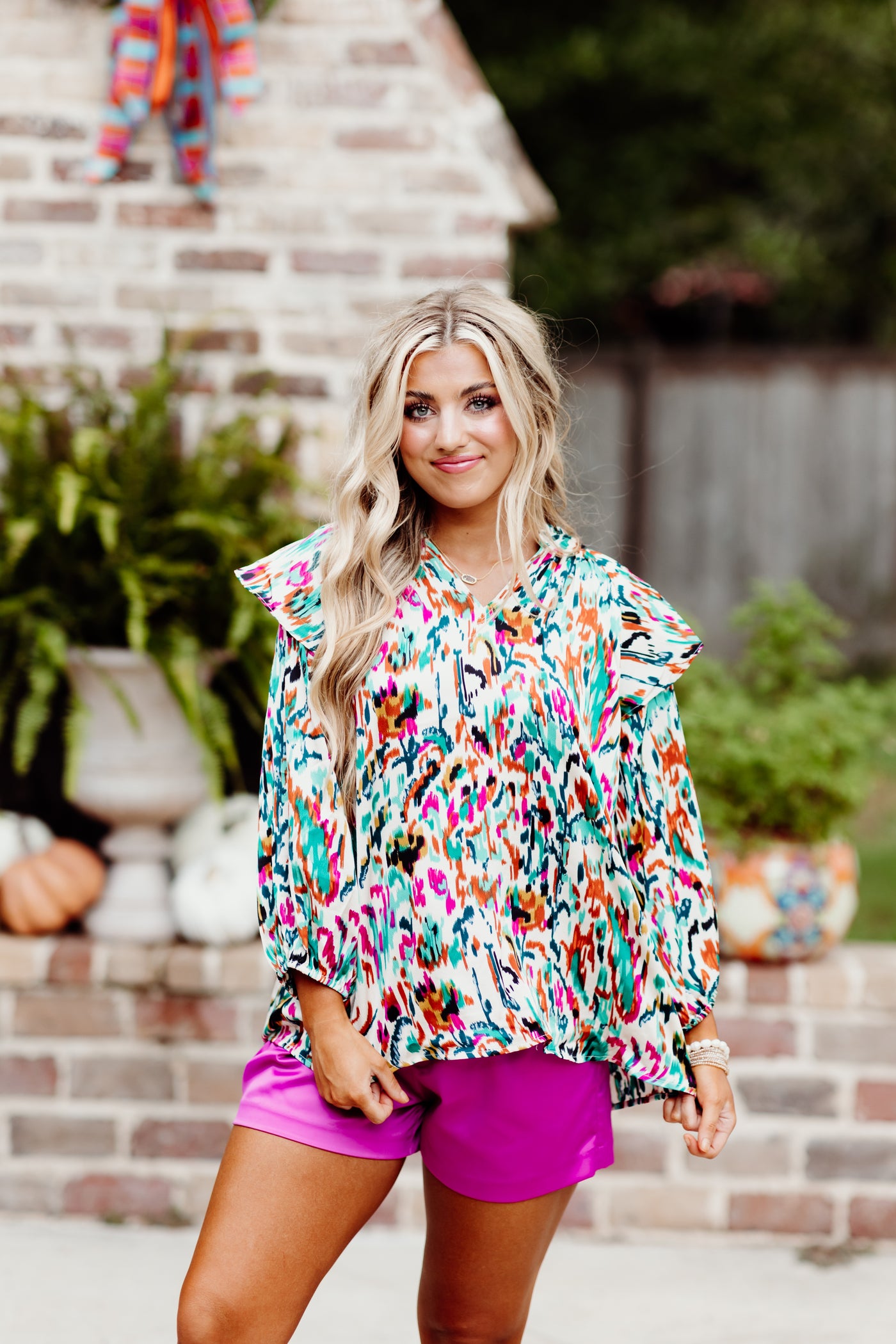 Ivory Multicolor Printed Ruffle Blouse