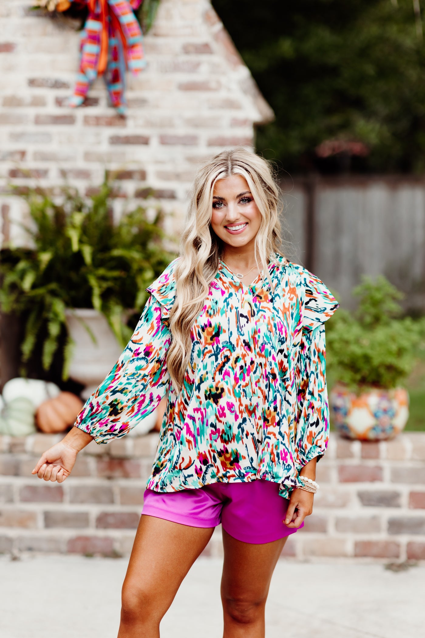 Ivory Multicolor Printed Ruffle Blouse