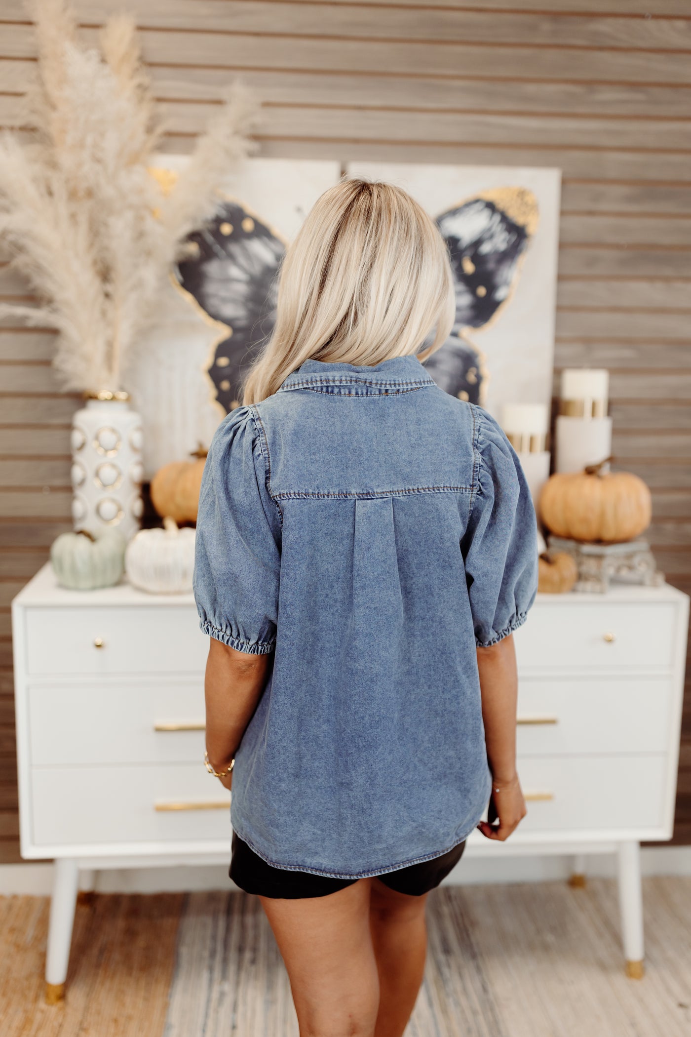 Denim Puff Sleeve Button Detail Blouse