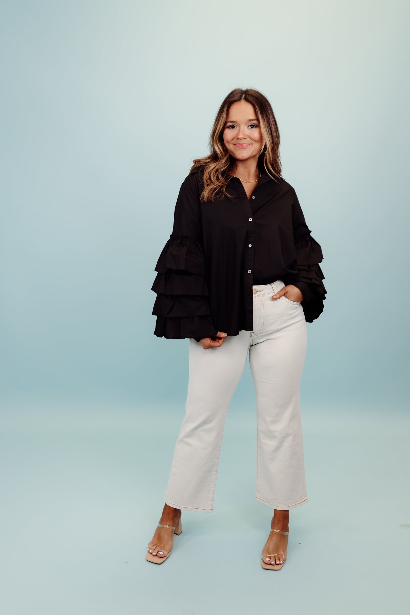 Black Poplin Ruffle Sleeve Button Down