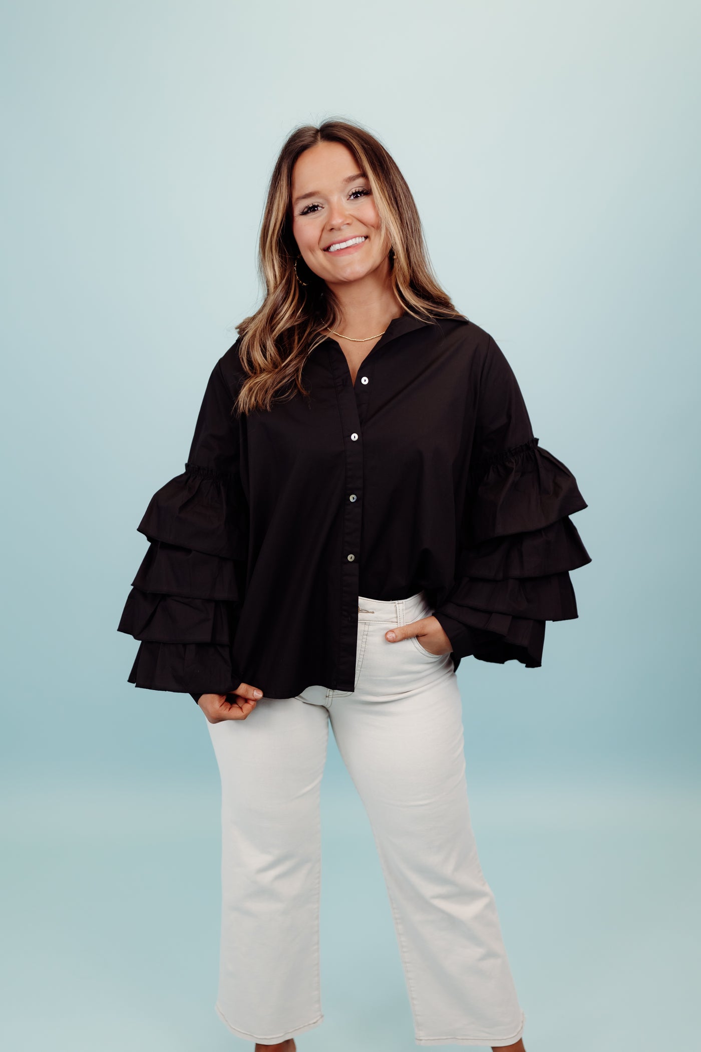 Black Poplin Ruffle Sleeve Button Down