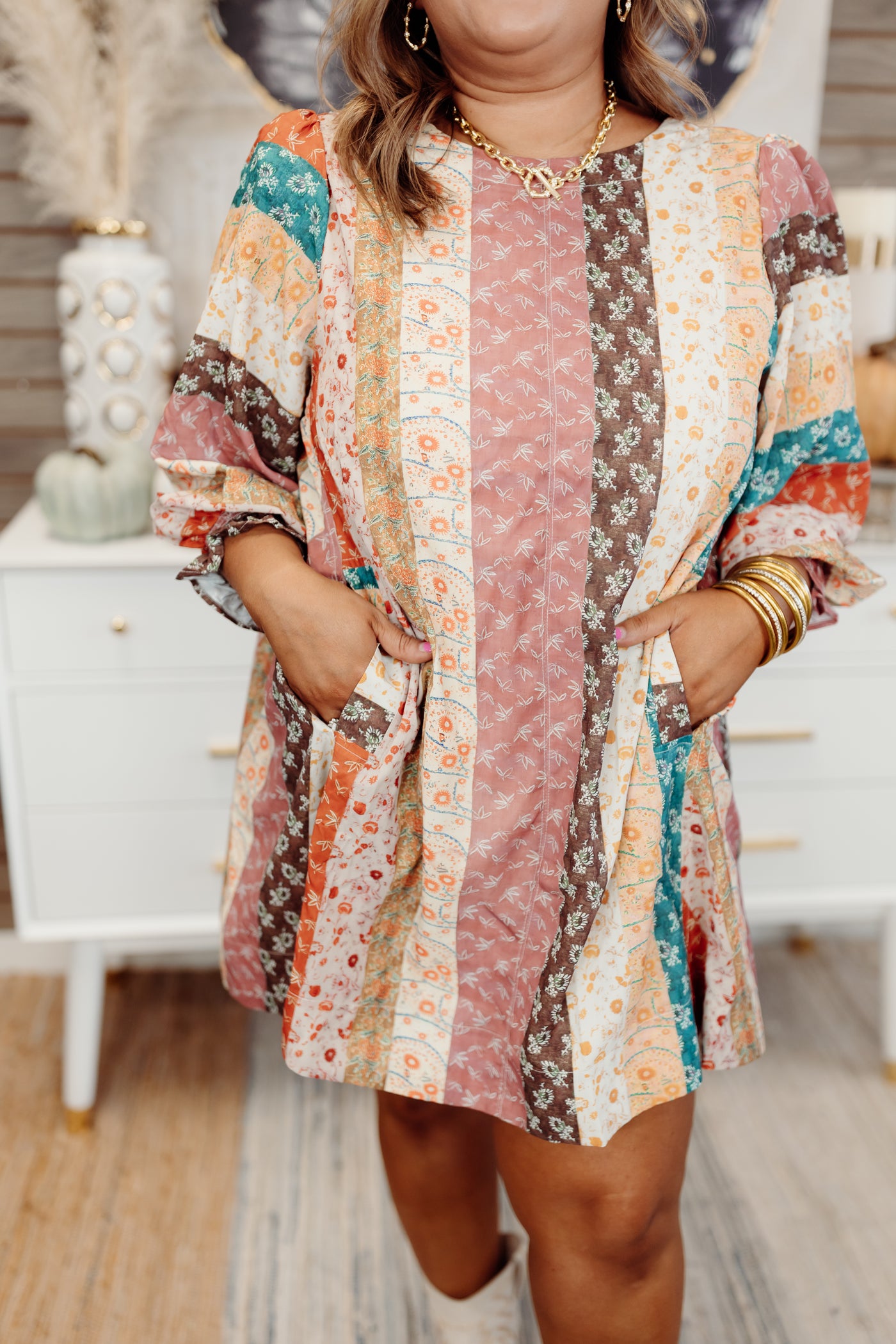 Multicolor Printed 3/4 Sleeve Mini Dress