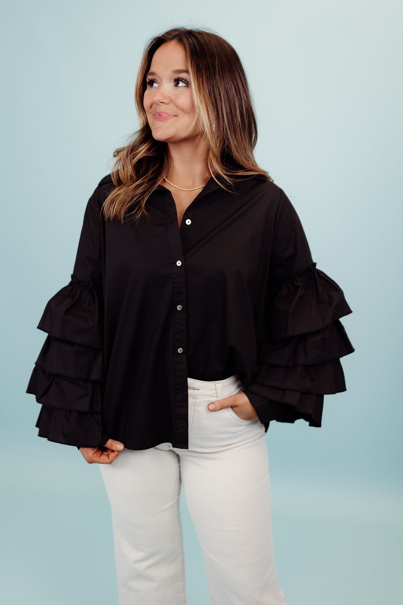 Black Poplin Ruffle Sleeve Button Down