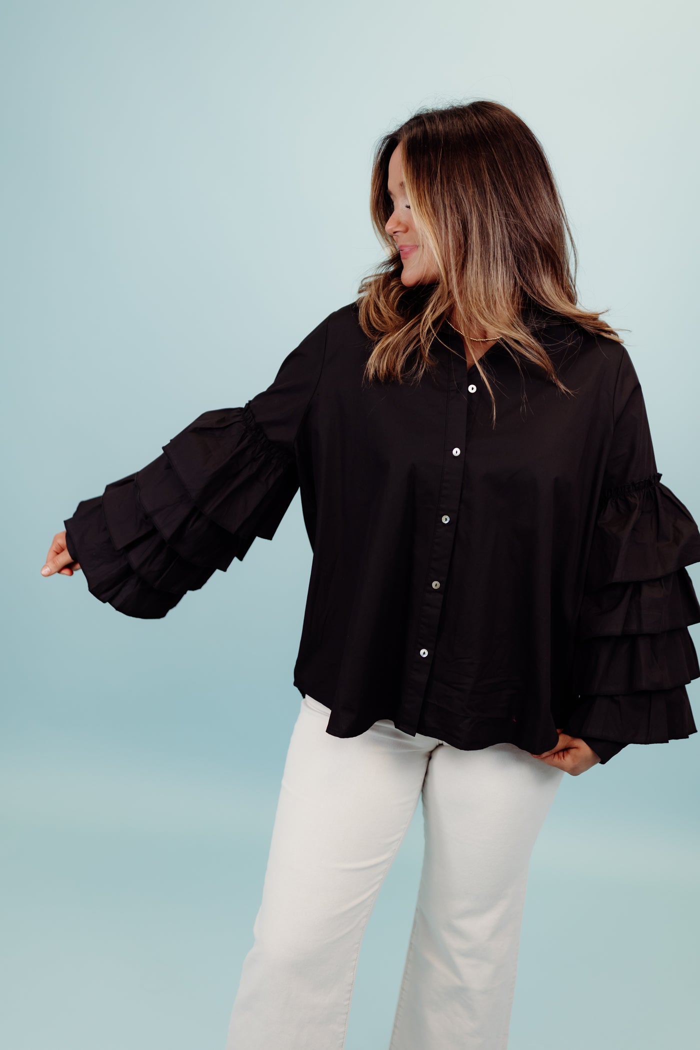 Black Poplin Ruffle Sleeve Button Down