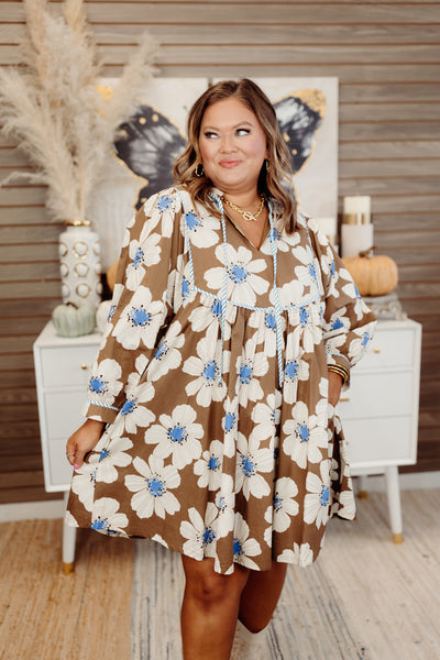 Brown Floral 3/4 Sleeve V-Neck Ruffle Mini Dress